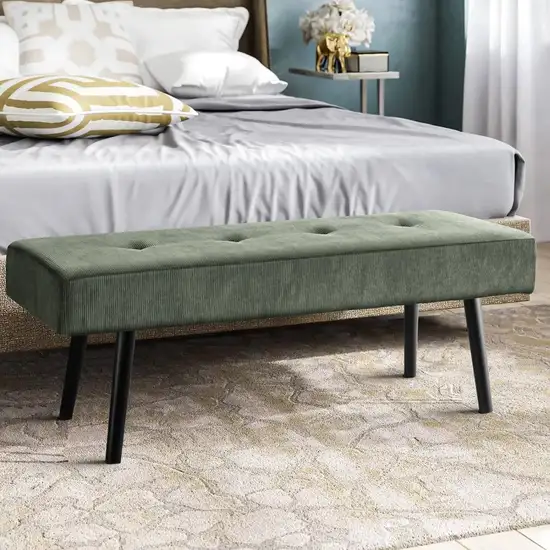 Mid-Century Green Corduroy Upholstered End of Bed Bench with Black Metal Legs Photo 1