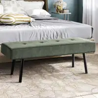 Photo of Mid-Century Green Corduroy Upholstered End of Bed Bench with Black Metal Legs