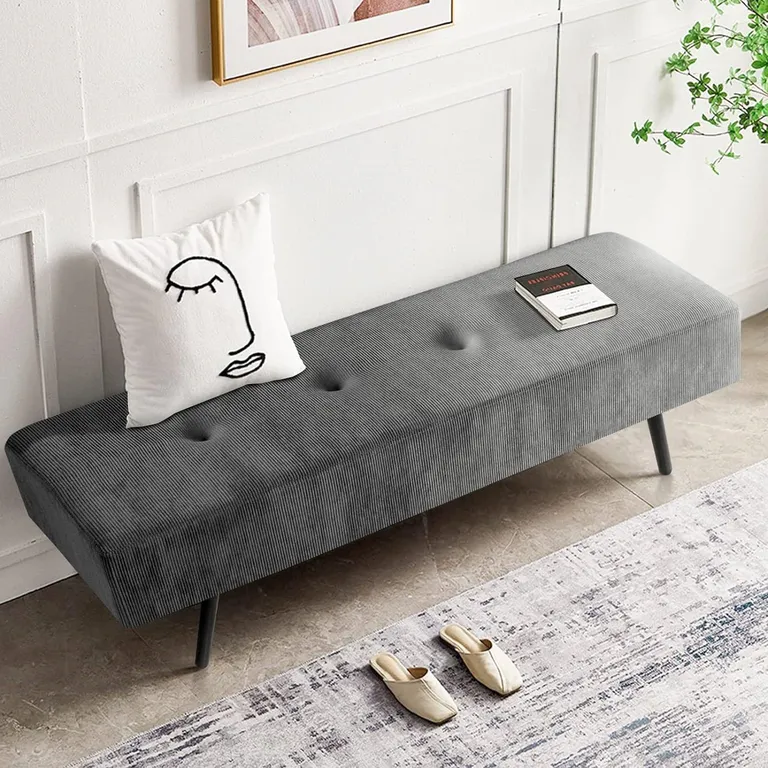 Mid-Century Grey Corduroy Upholstered End of Bed Bench with Black Metal Legs Photo 2