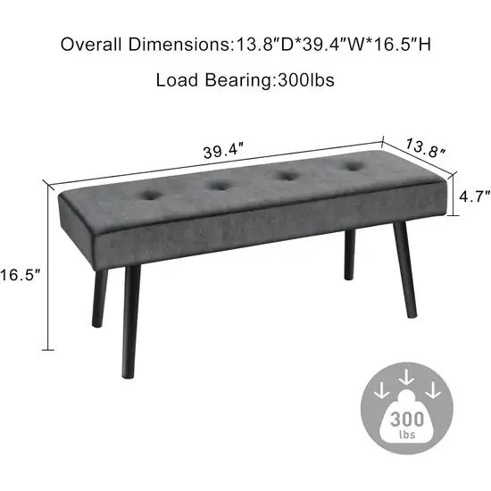 Mid-Century Grey Corduroy Upholstered End of Bed Bench with Black Metal Legs Photo 5