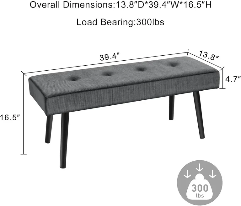 Mid-Century Grey Corduroy Upholstered End of Bed Bench with Black Metal Legs Photo 5