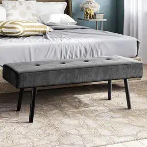 Photo of Mid-Century Grey Corduroy Upholstered End of Bed Bench with Black Metal Legs