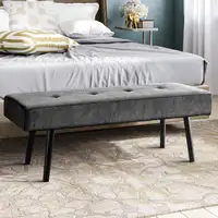 Photo of Mid-Century Grey Corduroy Upholstered End of Bed Bench with Black Metal Legs