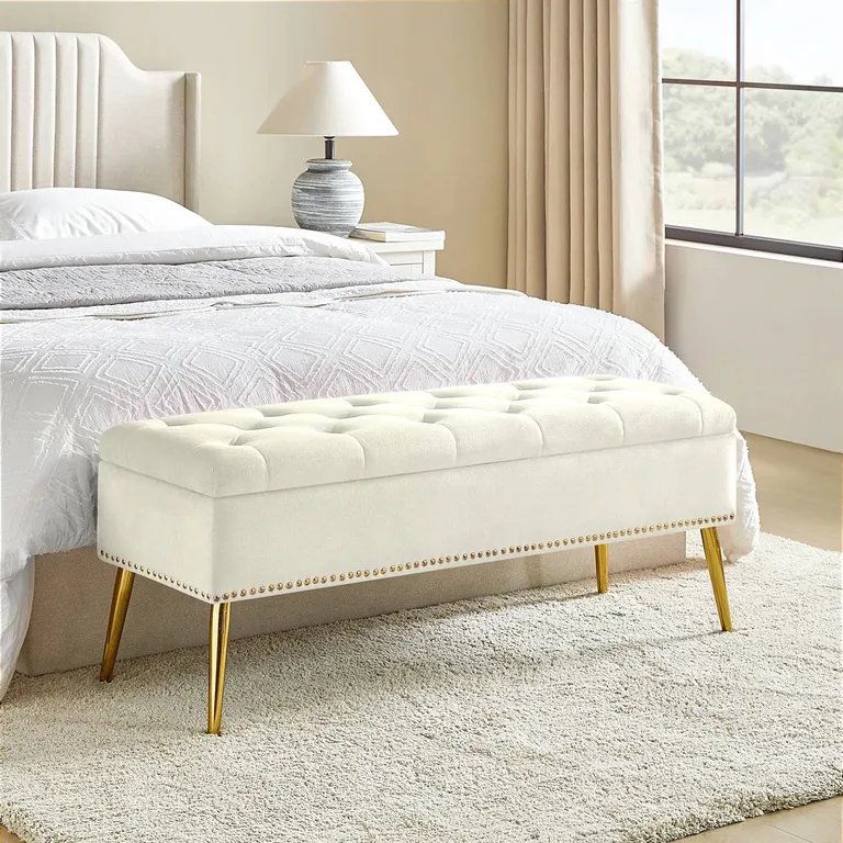 Mid-Century Modern Bed Storage Bench with Ivory Velvet Seat and Gold Legs Photo 1