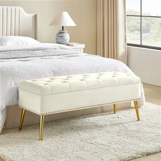 Mid-Century Modern Bed Storage Bench with Ivory Velvet Seat and Gold Legs Photo 1