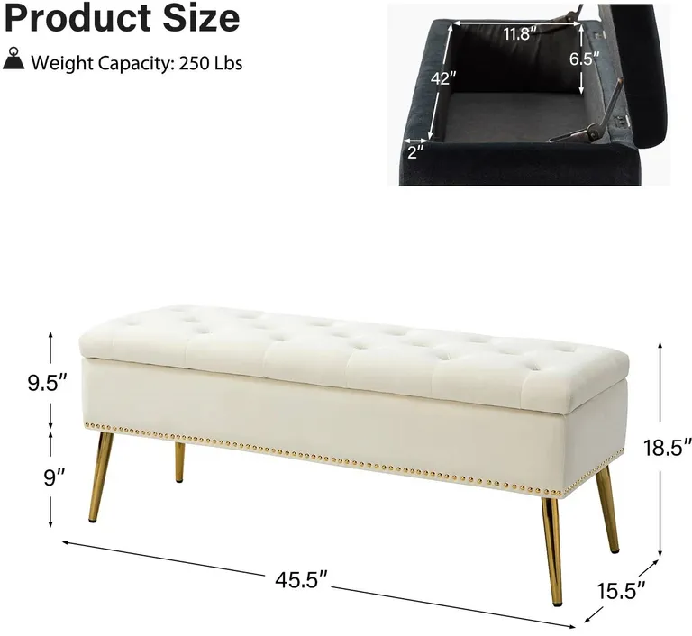 Mid-Century Modern Bed Storage Bench with Ivory Velvet Seat and Gold Legs Photo 4