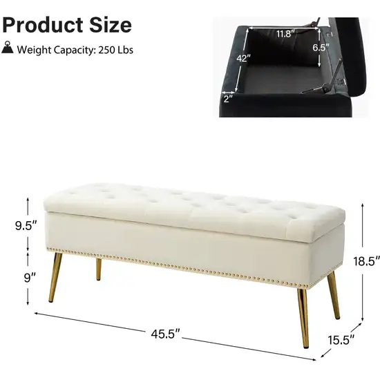 Mid-Century Modern Bed Storage Bench with Ivory Velvet Seat and Gold Legs Photo 4