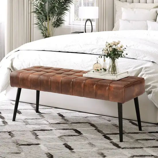 Mid-Century Modern Bedroom Bench with Brown PU Leather Seat and Tapered Legs Photo 1