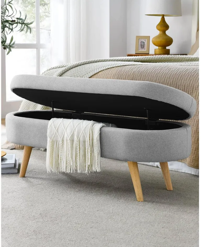 Mid-Century Modern Boho Style Grey Linen Bedroom Storage Bed Bench Photo 1