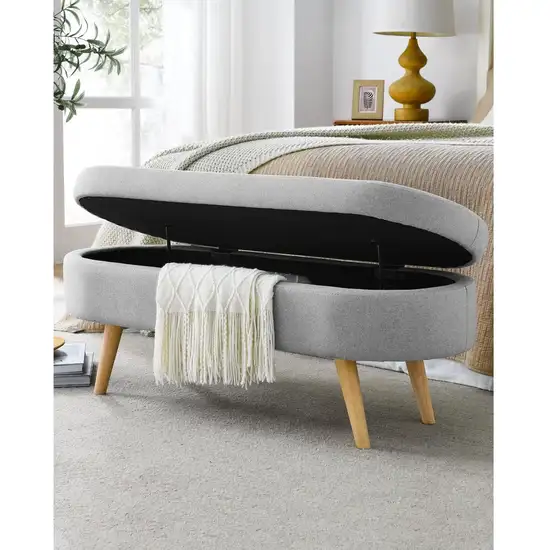 Mid-Century Modern Boho Style Grey Linen Bedroom Storage Bed Bench Photo 1