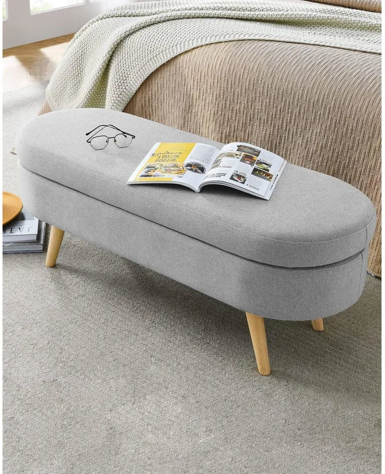 Mid-Century Modern Boho Style Grey Linen Bedroom Storage Bed Bench Photo 2