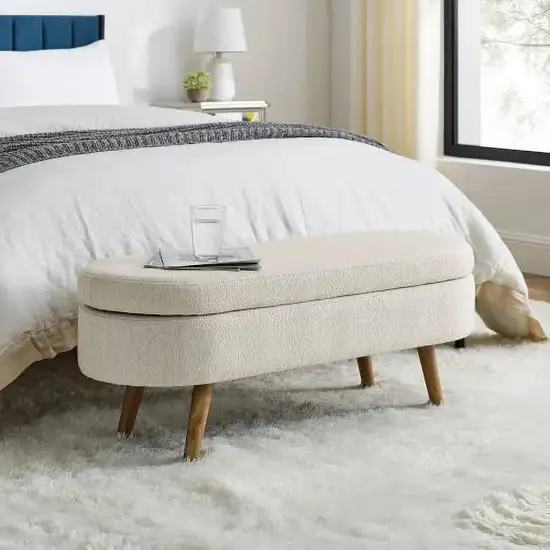 Mid-Century Modern Boho Style Off-White Beige Linen Bedroom Storage Bed Bench Photo 4