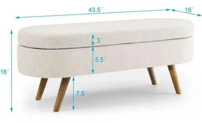 Mid-Century Modern Boho Style Off-White Beige Linen Bedroom Storage Bed Bench Photo 5