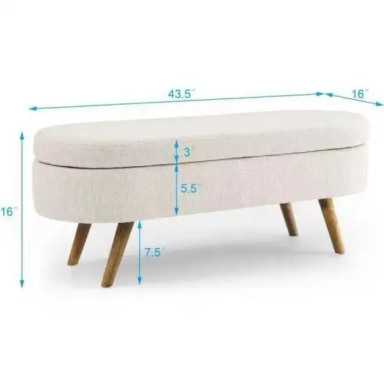 Mid-Century Modern Boho Style Off-White Beige Linen Bedroom Storage Bed Bench Photo 5