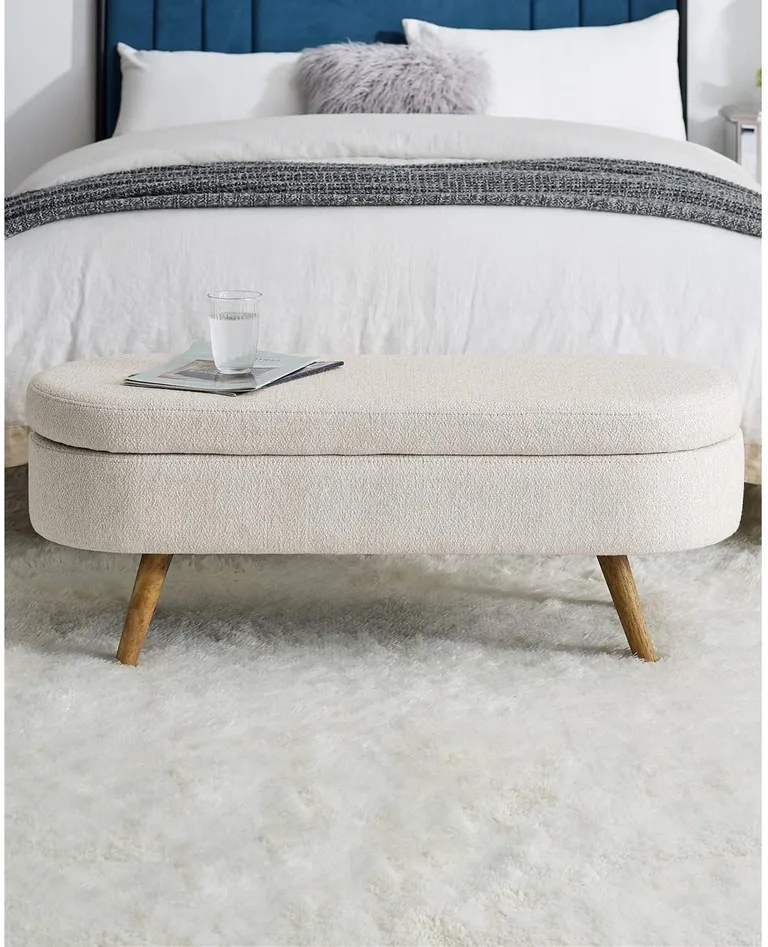 Mid-Century Modern Boho Style Off-White Beige Linen Bedroom Storage Bed Bench Photo 3