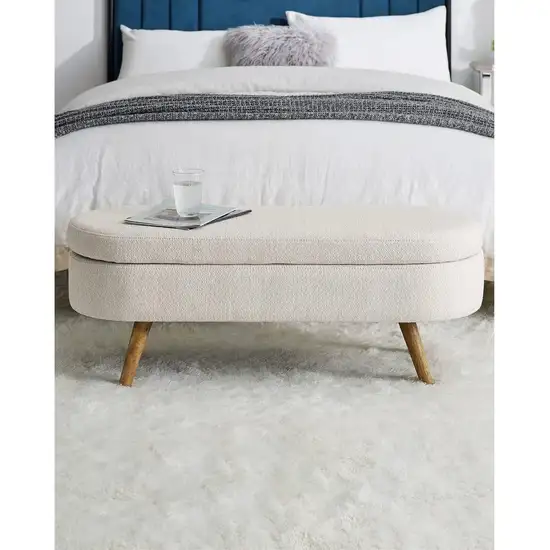 Mid-Century Modern Boho Style Off-White Beige Linen Bedroom Storage Bed Bench Photo 3