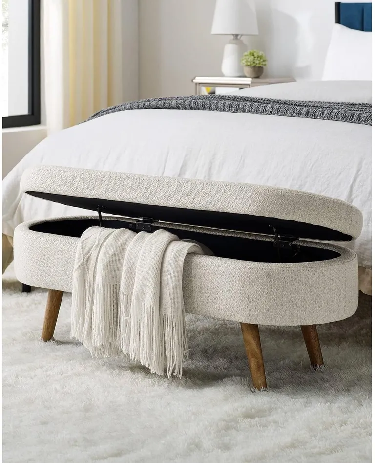 Mid-Century Modern Boho Style Off-White Beige Linen Bedroom Storage Bed Bench Photo 1