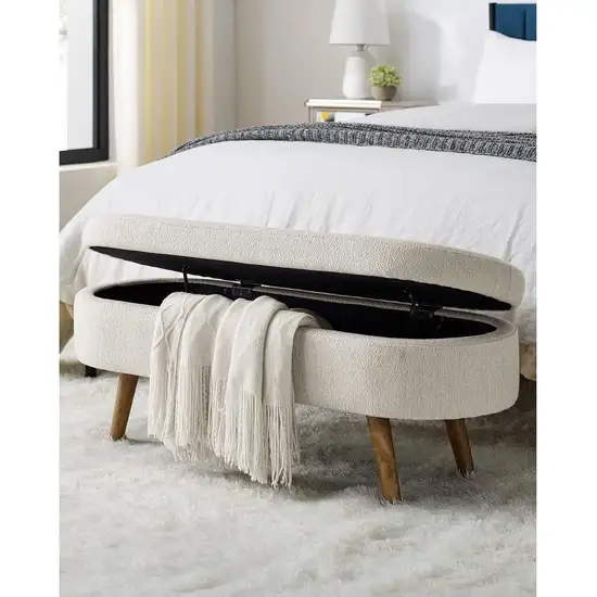 Mid-Century Modern Boho Style Off-White Beige Linen Bedroom Storage Bed Bench Photo 1