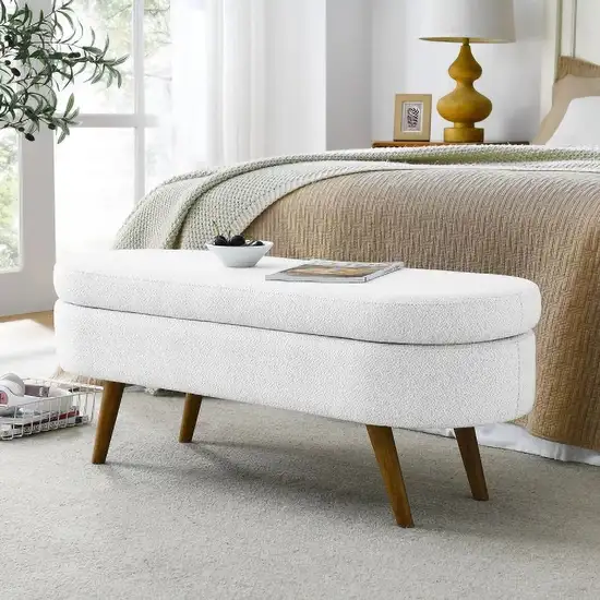 Mid-Century Modern Boho Style White Linen End of Bed Storage Bench Photo 2