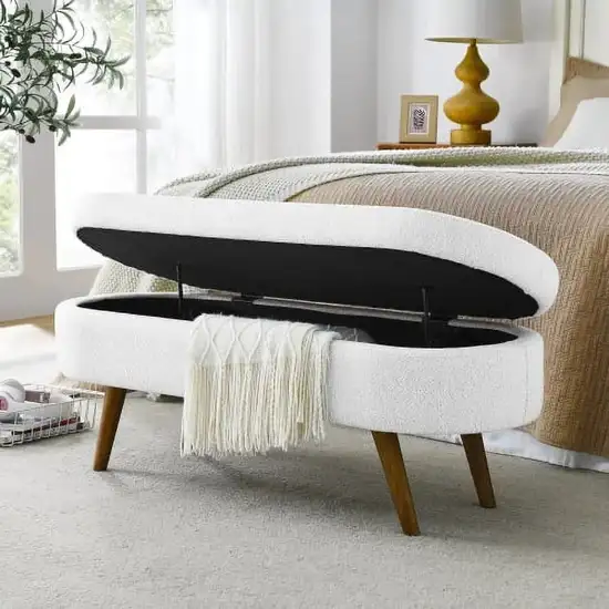 Mid-Century Modern Boho Style White Linen End of Bed Storage Bench Photo 1