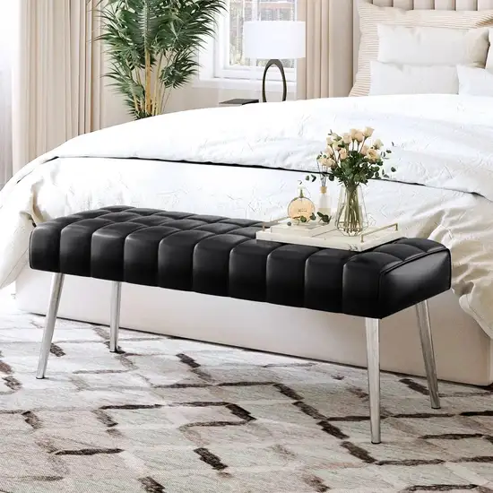 Mid-Century Modern End of Bed Bench with Black PU Leather Seat and Tapered Legs Photo 1