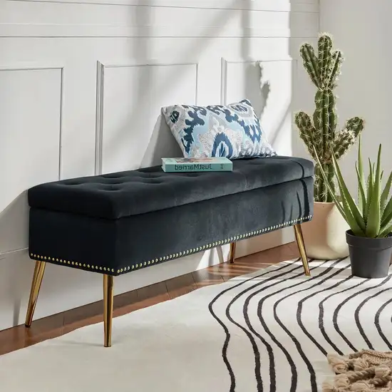 Mid-Century Modern End of Bed Storage Bench with Black Velvet Seat and Gold Legs Photo 3