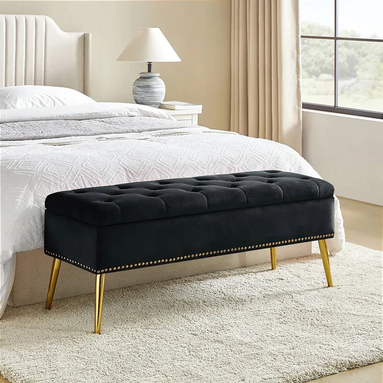 Mid-Century Modern End of Bed Storage Bench with Black Velvet Seat and Gold Legs Photo 1