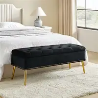 Photo of Mid-Century Modern End of Bed Storage Bench with Black Velvet Seat and Gold Legs