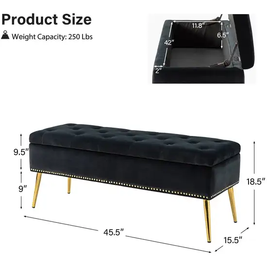 Mid-Century Modern End of Bed Storage Bench with Black Velvet Seat and Gold Legs Photo 5