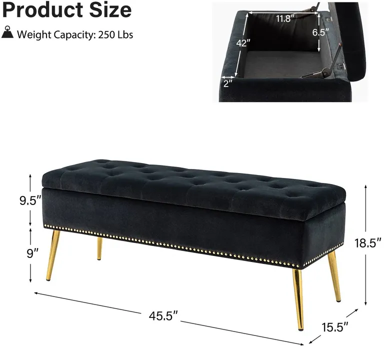 Mid-Century Modern End of Bed Storage Bench with Black Velvet Seat and Gold Legs Photo 5