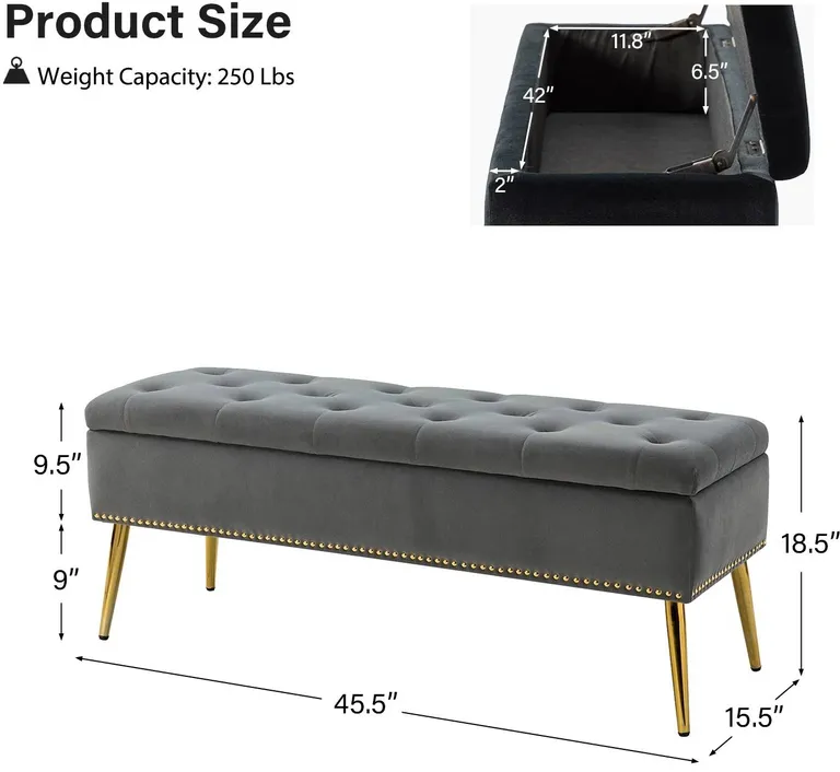 Mid-Century Modern End of Bed Storage Bench with Gray Velvet Seat and Gold Legs Photo 5