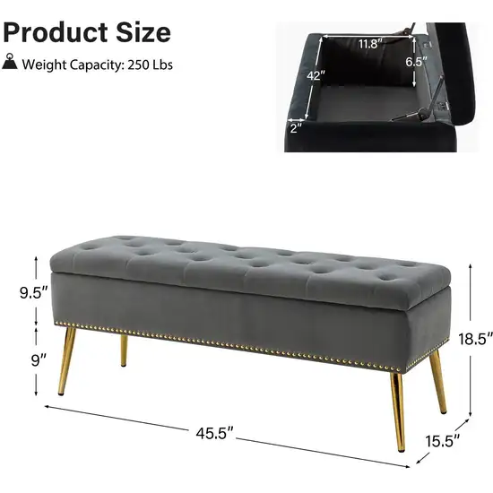 Mid-Century Modern End of Bed Storage Bench with Gray Velvet Seat and Gold Legs Photo 5