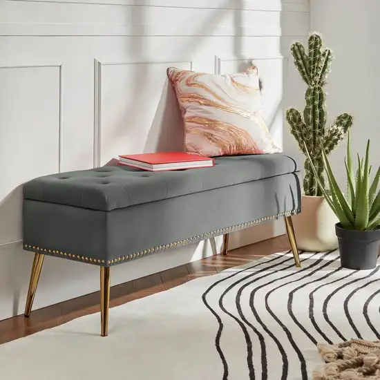 Mid-Century Modern End of Bed Storage Bench with Gray Velvet Seat and Gold Legs Photo 3