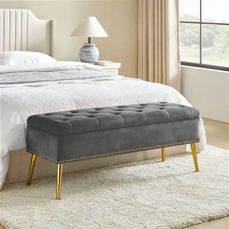 Mid-Century Modern End of Bed Storage Bench with Gray Velvet Seat and Gold Legs Photo 1