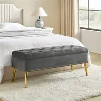 Photo of Mid-Century Modern End of Bed Storage Bench with Gray Velvet Seat and Gold Legs