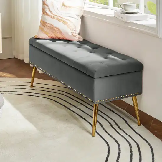 Mid-Century Modern End of Bed Storage Bench with Gray Velvet Seat and Gold Legs Photo 2