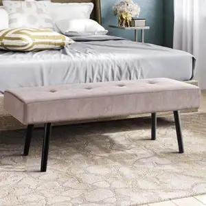 Photo of Mid-Century Pink Corduroy Upholstered End of Bed Bench with Black Metal Legs