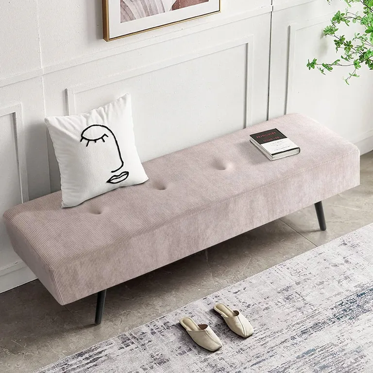 Mid-Century Pink Corduroy Upholstered End of Bed Bench with Black Metal Legs Photo 3