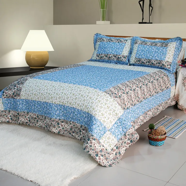 Midsummer Dream - 100% Cotton 3PC Floral Vermicelli-Quilted Patchwork Quilt Set (Full/Queen Size) Photo 1