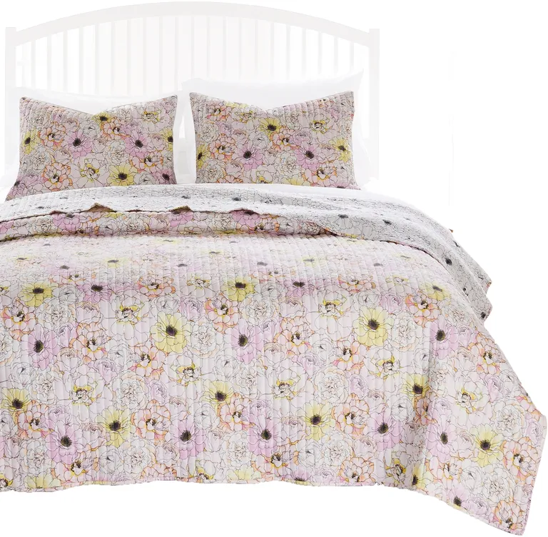 Milan 2 Piece Microfiber Blooming Flower Pattern Twin Quilt Set, White and Pink Photo 1