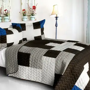 Photo of Milky Quartz - B - Vermicelli-Quilted Patchwork Geometric Quilt Set Full/Queen