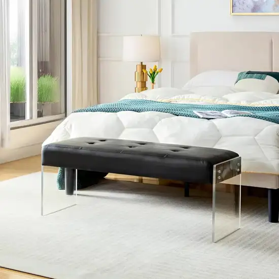 Modern Black Faux Leather Upholstered End of Bed Bench with Transparent Legs Photo 1