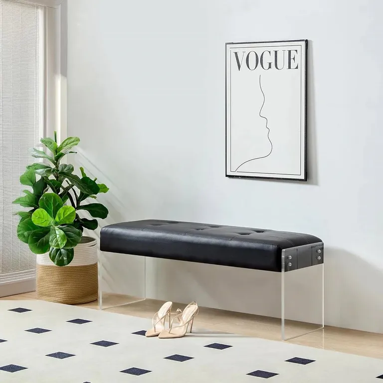 Modern Black Faux Leather Upholstered End of Bed Bench with Transparent Legs Photo 3