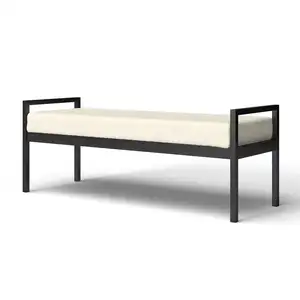 Photo of Modern Industrial Bed Bench with Black Metal Frame and Cream Upholstered Cushion