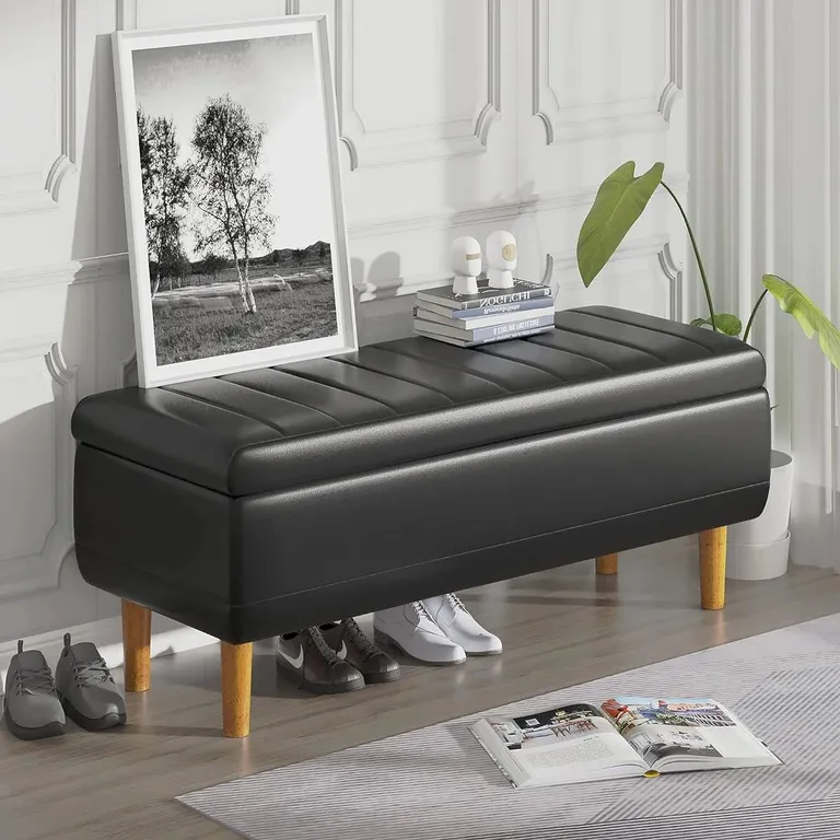 Modern Mid-Century Black Faux Leather End of Bed Storage Bench Ottoman Photo 4