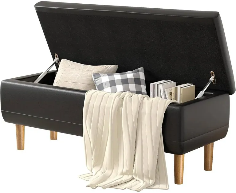 Modern Mid-Century Black Faux Leather End of Bed Storage Bench Ottoman Photo 1