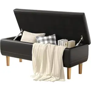 Photo of Modern Mid-Century Black Faux Leather End of Bed Storage Bench Ottoman