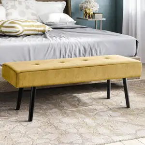 Photo of Modern Yellow Corduroy Upholstered End of Bed Bench with Black Metal Legs