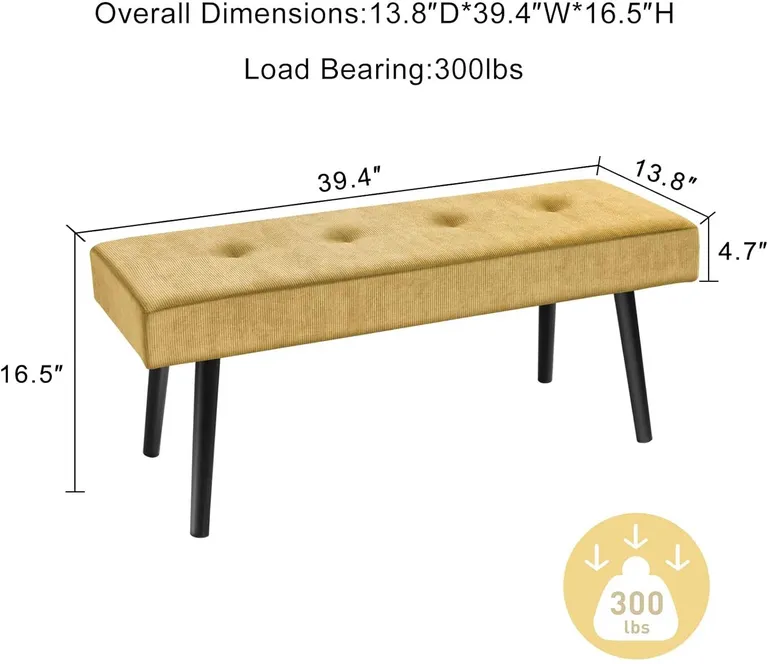 Modern Yellow Corduroy Upholstered End of Bed Bench with Black Metal Legs Photo 5