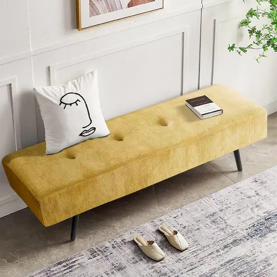 Modern Yellow Corduroy Upholstered End of Bed Bench with Black Metal Legs Photo 2